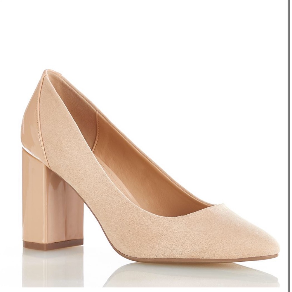 Faux Suede Patent Heel Pumps - Nude 9.5 Wide